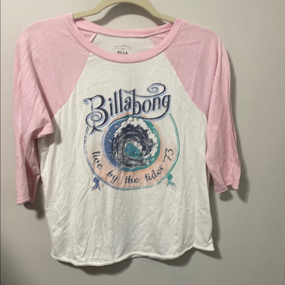 Billabong Pink and White Graphic Raglan Tee